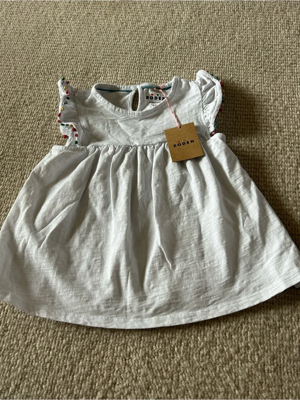 Boden White Cotton Dress with Rainbow Trim Flutter Sleeves
